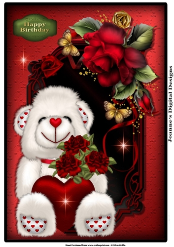White Teddy Bear with Harts and Roses 