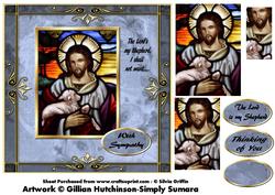 Stained Glas Shepert with Lamb in Ornate Frame Qs