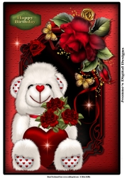 White Teddy Bear with Harts and Roses