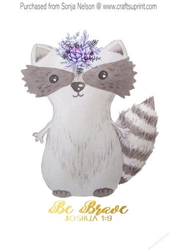 Be Brave Raccoon Nursery Scripture Word Art Printable Watercolor Wall Decor Print Designed at 8x10 Joshua 1:9