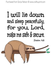 Sleep Sloth Nursery Scripture Word Art Printable Wall Decor Print Designed at 8X10 Psalm 4:8
