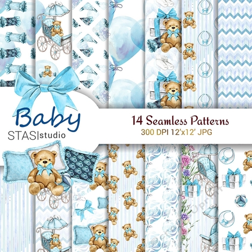 Baby Boy Paper Pack Blue Seamless Pattern Cute Set Teddy Bear