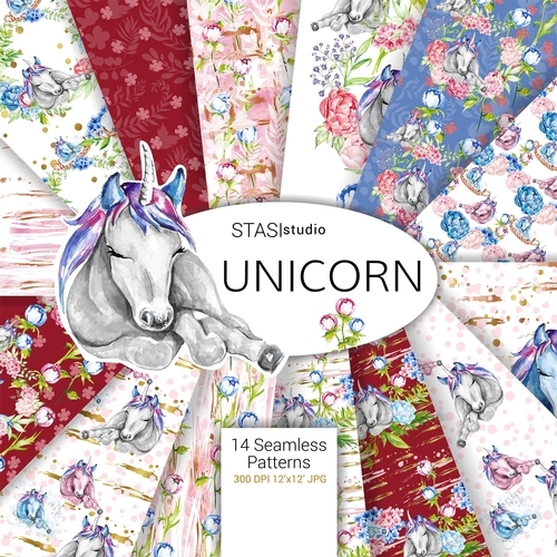 Unicorn Seamless Pattern unicorn designer paper digital paper peonies floral printable fabric, nursery illustration baby unicorn 