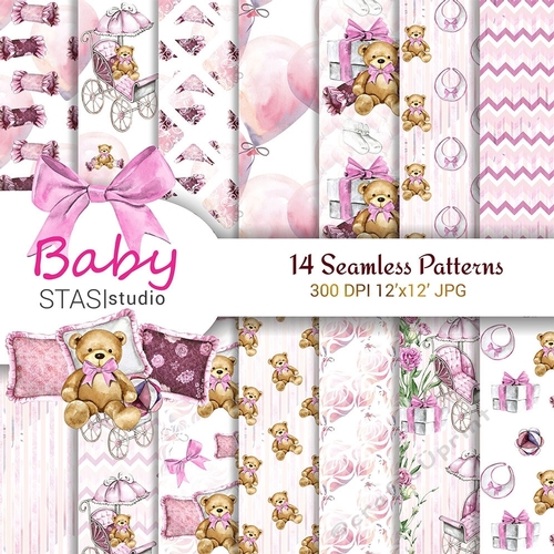 Baby Girl Paper Pack, New Baby Watercolor Illustration Seamless Patterns, Teddy Bear Cute Planner Accessories, Printable Background Pink Set 