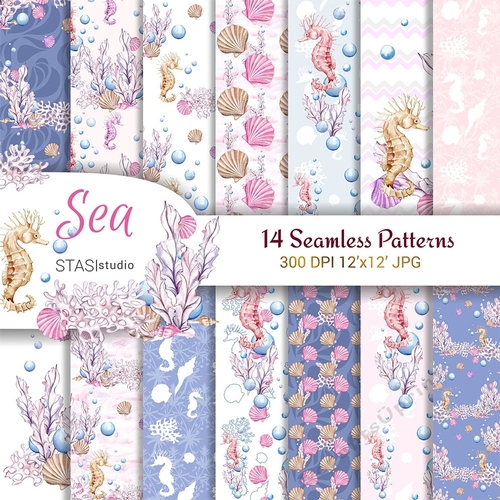 Underwater Paper Pack Watercolor Digital Seamless Paper Handpainted Sea Seahorse Pink Purple Printable Illustration Bubbles Scallopshell