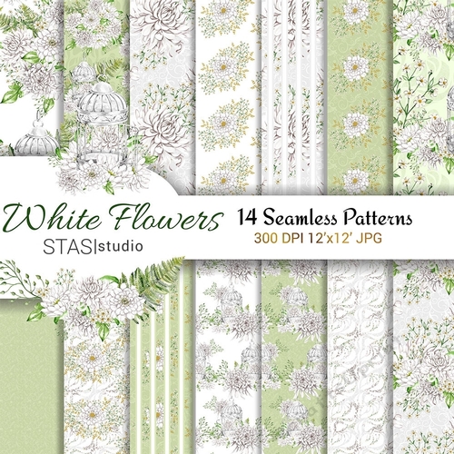 Wedding Designer Paper Seamless Patterns, White Flowers Silver Bird cage, White Green Floral Background, Printable Wedding Flowers Pack