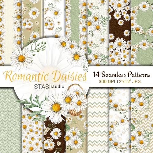 Daisies Watercolor Handpainted Paper, Seamless Patterns, Scrapbook, Wedding Invitation Pack Floral, Daisy Digital Paper, White Green Floral 