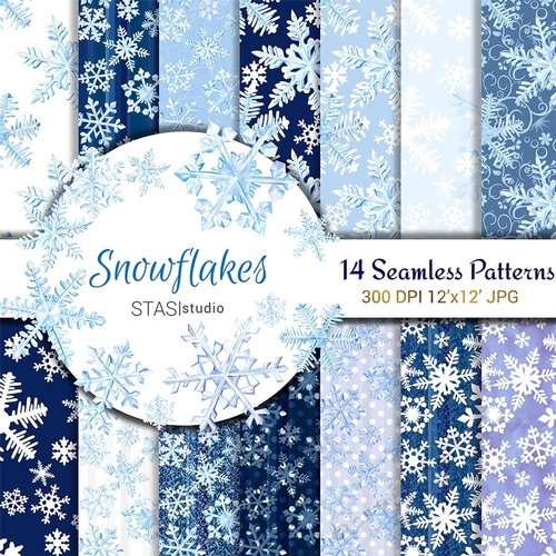 Snowflakes Watercolor Paper Graphics Resources Seamless Patterns Scrapbooking Paper Pack Winter Illustration Planner Blue PaperPack