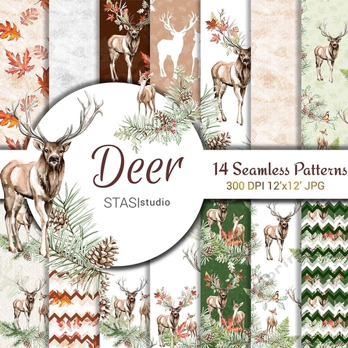 Deer Fall Seamless Patterns, Woodland Graphics Resources, Watercolor Christmas Deer Paper, Forest Digital Background Reindeer Illustration