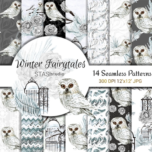 Watercolor White Owl Paper Pack, Floral White Pattern, Winter Bird Planner Snow Illustration, Watercolor Winter Woodland Digital Background 