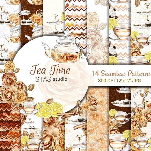Tea Time Paper Pack, Tea Party Digital Paper Pack, Seamless Patterns Scrapbook, Illustration Printable, Scrapbook Paper, Teapot, Teacup