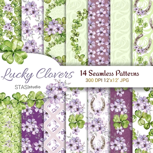 St Patricks Day Designer Paper Seamless Patterns, Four Leaf Watercolor Clover, Shamrock Green Purple Floral Background Printable Spring Pack
