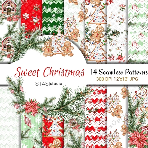 Christmas Watercolor Paper Poinsettia Seamless Patterns Scrapbook Sweet Christmas Illustration Gingerbread Christmas Red Green 