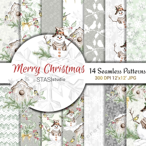Christmas Watercolor Paper, Winter Background Illustration, Graphics Resources, Christmas Snowman, Birds, House for Birds