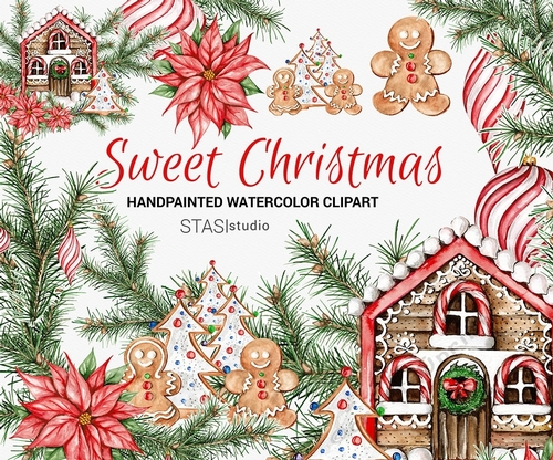 Christmas Clipart, DIY Invite clipart, Watercolor Clipart Gingerbread, Hand Painted, Stickers Illustration, Xmas Baubles, Christmas Graphics