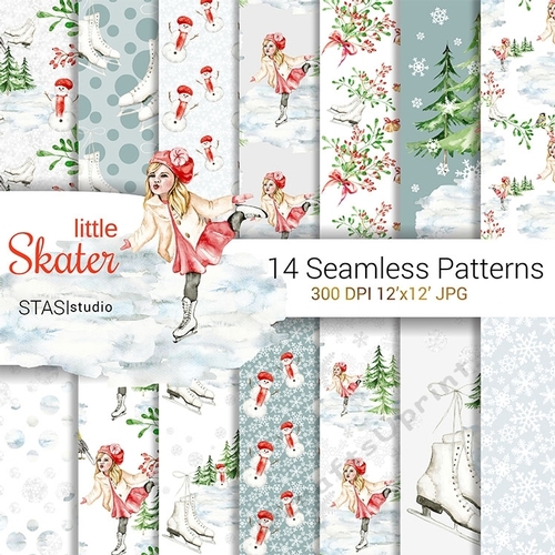 Christmas Digital Paper Pack, Littie Skater Illustration, Winter Fabric Wallpaper Seamless Pattern Watercolor Paper Pack