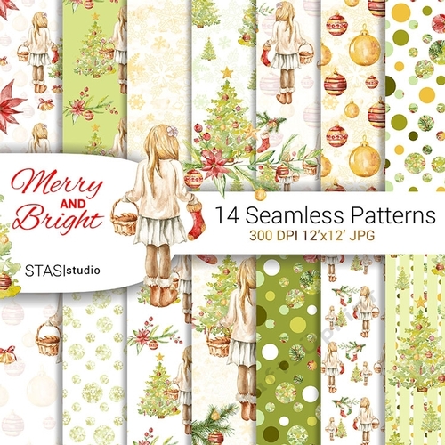 Christmas Digital Paper Pack Christmas Tree Pattern Fashion Girl Xmas Illustration Fabric Watercolor Winter Seamless Paper Christmas Card 