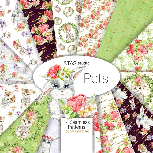 Pets seamless pattern Rabbit Cat Dog flowers tulip daisies Watercolor Handpainted Paper Kitten Puppy Nursrey art 