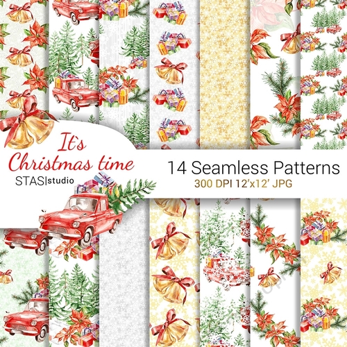 Christmas Truck Seamless Pattern Watercolor Christmas Paper Poinsettia Presents Christmas Decoration Digital Stickers Pine Tree Illustration
