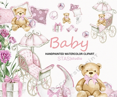 Watercolor Baby Clipart Birth Party Baby Girl Shower Planner Accessories, Graphics Montessori Ball Teddy Bear, Pregnansy Nursery Pink Pack 