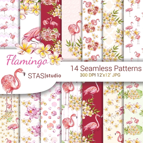 Pink Flamingo Watercolor Paper Pack Summer Floral Patterns Seamless Paper Designer Pack DIY Invites Printable Pink Flamingo