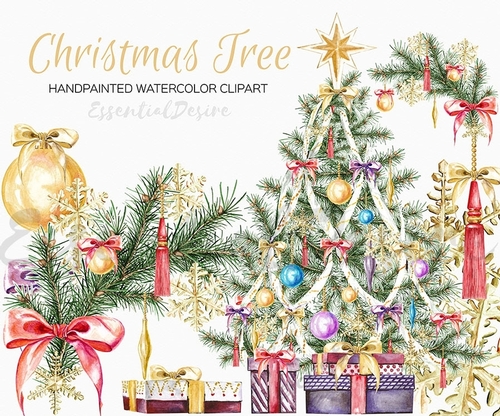 Watercolor Christmas Clipart, Christmas Tree, DIY clipart, Hand Painted, Stickers Illustration, Xmas Tree, Watercolor Set Christmas Graphics