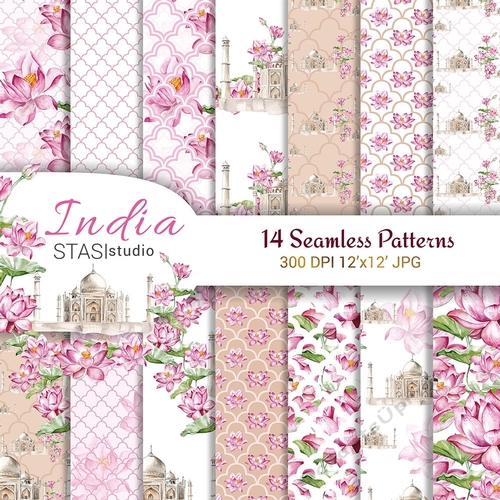 Taj Mahal Watercolor Digital Paper Pack Lotus Flowers Seamless Patterns India Hangpainted Illustrations Printable Pink Romantic Background