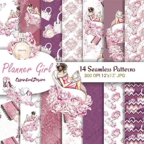 Fashion Paper Pack Planner Girl, Seamless Patterns Digital Background, Violet Fashion Hand Painted