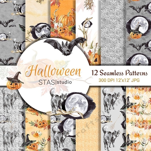 Halloween Watercolor Handpainted Paper, Seamless Patterns Moon Witch Hat Scrapbook Paper Pack Pumpkin Digital Paper Autumn leaves, Halloween