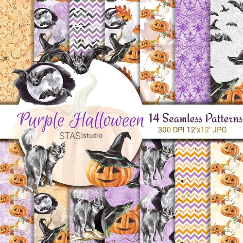 Watercolor Halloween, Watercolor Paper, Seamless Patterns, Scrapbook Pack, Pumpkin Digital Paper, Witch Hat, Happy Halloween, Moon Bat,
