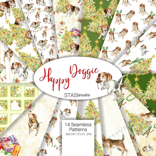 Happy Doggie Watercolor Paper Seamless Patterns, Christmas Paper Pack, Planner Xmas Greetings Holiday Cute Dog Christmas Tree DIY