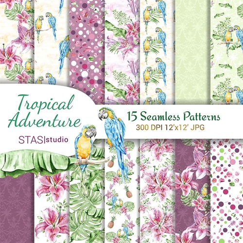 Tropical Digital Background Tropical Pink Flowers Seamless Hand Painted Paper Blue Yellow Parrot Jungle Plants Leaf Floral Paper Pack Summer 
