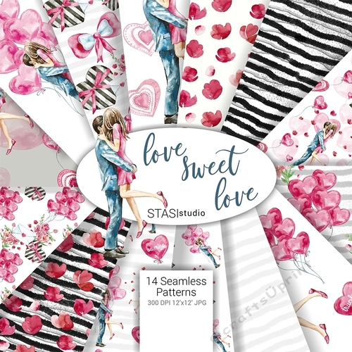 Valentines Seamless Pattern Love Digital Paper Romantic Printable Fabric Pink Blue Black Heart Love Couple Printable Romantic Planner