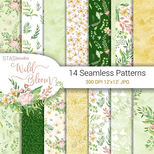 Wild Bloom Seamless Patterns Digital Designer Paper Pack Green Leaves Pink Flowers Wedding Invitation Greeting Card Floral Fabric Backdrop