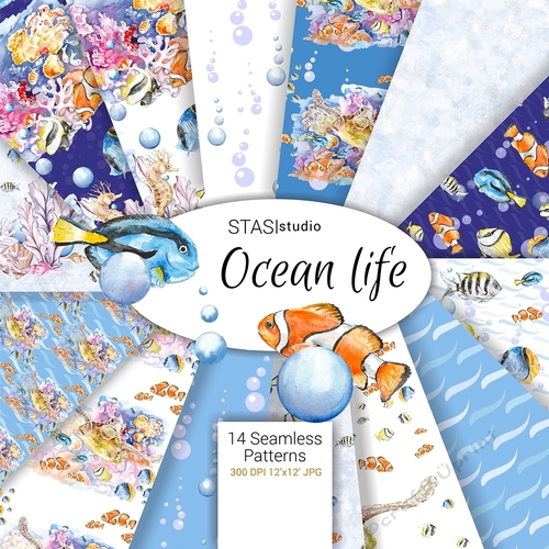 Ocean Life watercolor seamless paper set
