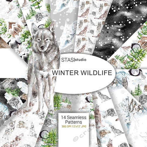 Winter Wildlife Pattern Watercolor Digital Paper Wolf Illustration Snow Moon Forest Woodland wild animals outdoor landscape White Wolf 