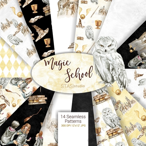 Magic School Watercolor Paper Seamless Patterns, Planner Stickers, Wizard Paper Pack Back to School Background Birthday Party 
