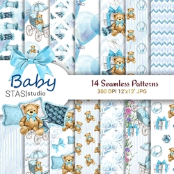 Baby Boy Paper Pack Blue Seamless Pattern Cute Set Teddy Bear