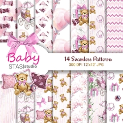 Baby Girl Paper Pack, New Baby Watercolor Illustration Seamless Patterns, Teddy Bear Cute Planner Accessories, Printable Background Pink Set