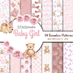 Pink Baby Paper Pack, Pastel Nursery Baby Girl Skrapbook, Cute Teddy Bear Bunny, Spring, Printables, Pastel Digital Background Floral Patterns