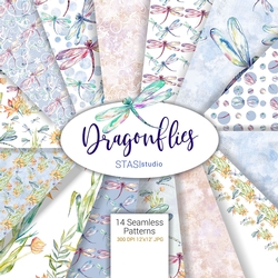 Dragonflies Watercolor Dragonfly Paper Pack Digital Fabrick Blue Green Spring Insect Dragon Fly Illustration Wedding Invitations Printables