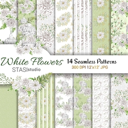 Wedding Designer Paper Seamless Patterns, White Flowers Silver Bird cage, White Green Floral Background, Printable Wedding Flowers Pack