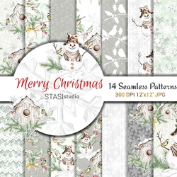 Christmas Watercolor Paper, Winter Background Illustration, Graphics Resources, Christmas Snowman, Birds, House for Birds