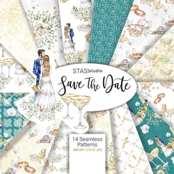 Save The Date Wedding Paper Watercolor Illustration Bride and Groom Wedding Seamless Pattern Flowers champagne Sparkly gold backdrop DIY