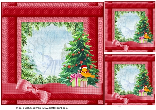 3 Red Christmas tree scene card fronts/toppers(blanks)
