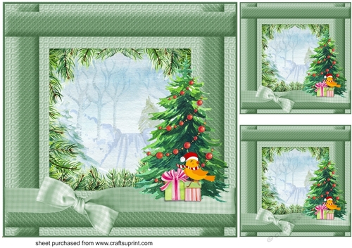 3 Green Christmas tree scene card fronts/toppers(blanks)