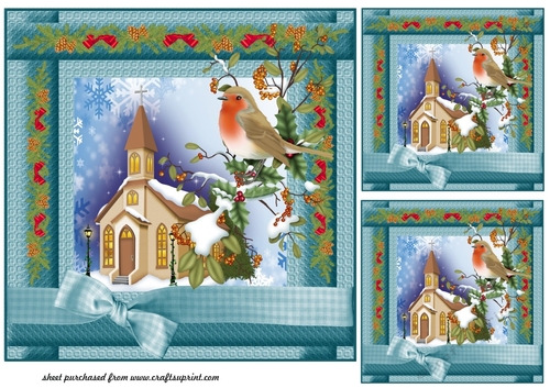3 Blue Christmas robin and church card fronts/toppers 1