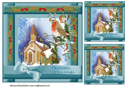 3 Blue Christmas robin and church card fronts/toppers 2