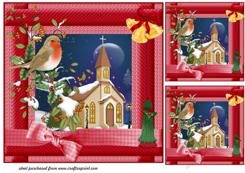 3 Red Christmas robin and Church card fronts/toppers