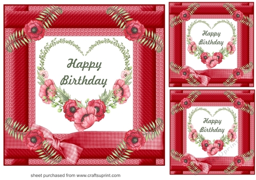 3 Happy Birthday poppy heart card fronts/toppers